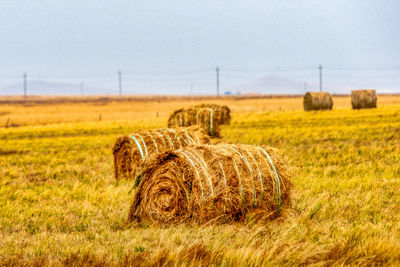 Hay bales on field against sky