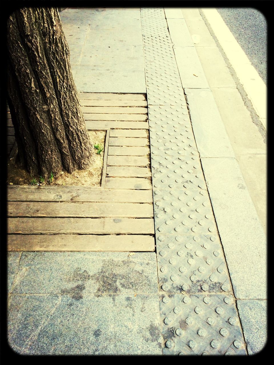 transfer print, auto post production filter, shadow, sunlight, high angle view, sidewalk, day, street, outdoors, no people, footpath, paving stone, the way forward, plant, nature, walkway, steps, built structure, cobblestone, absence