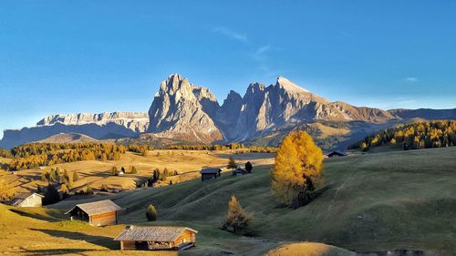 Panoramic view of landscape and mountains against blue sky