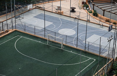 High angle view of soccer on field