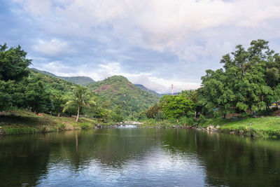 Scenic view of lake by trees against sky