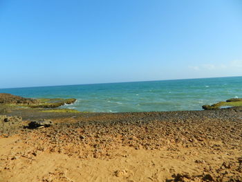 Scenic view of sea against clear blue sky