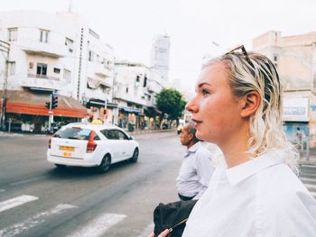 Profile of woman in street