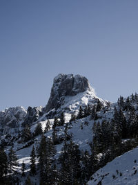 Low angle view of snowcapped mountain against clear sky