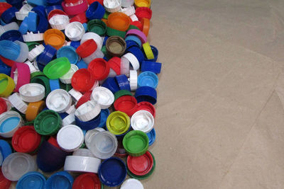 High angle view of multi colored candies on table