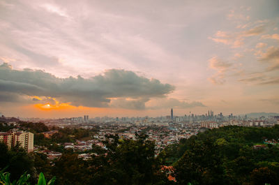 Aerial view of buildings in city during sunset