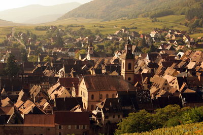 Aerial view of houses in village against mountains