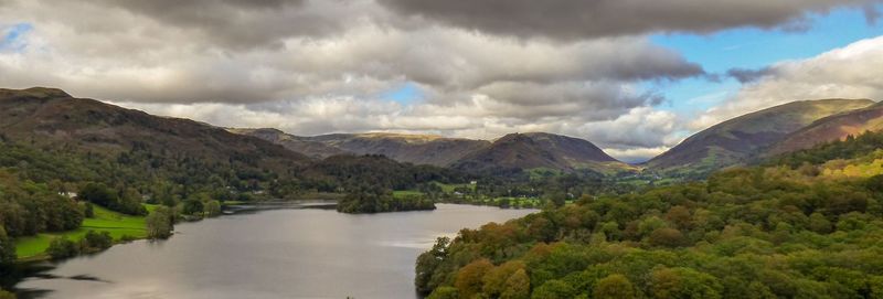 Panoramic view of lake and mountains against sky