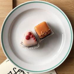 High angle view of cake in plate on table