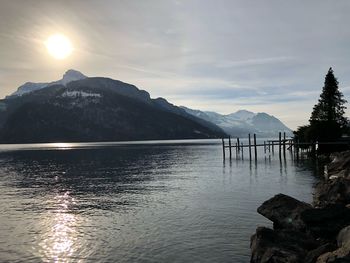 Scenic view of lake and mountains against sky