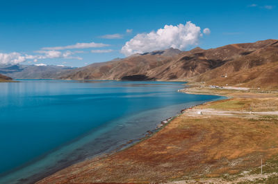 Scenic view of lake and mountains against sky