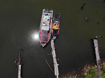 High angle view of abandoned boat moored in lake