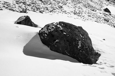 Rock on snow covered field