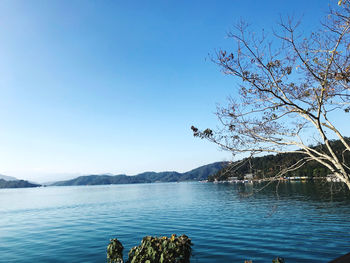 Scenic view of lake against clear blue sky