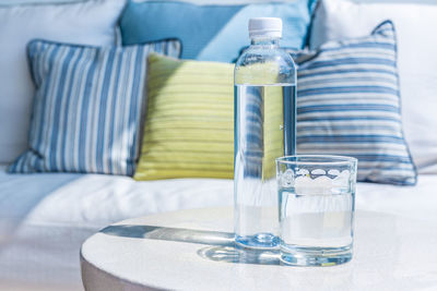 Close-up of beer glass on table