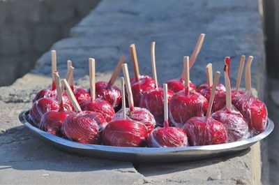 Close-up of fruits in plate on table