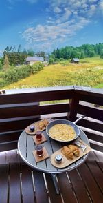 High angle view of meal served on table against sky