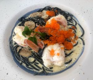 High angle view of food in plate on table