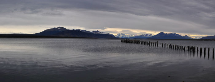 Scenic view of lake against cloudy sky