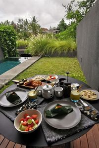 High angle view of breakfast served on table