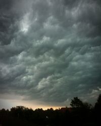 Low angle view of silhouette trees against storm clouds