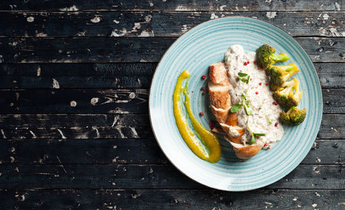 High angle view of food in plate on table