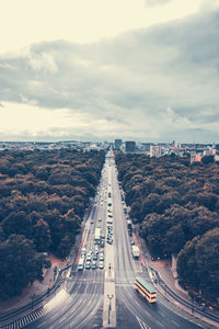 High angle view of highway in city against sky