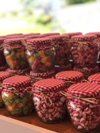 Close-up of fruits in jar on table