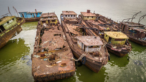 High angle view of boats moored in sea