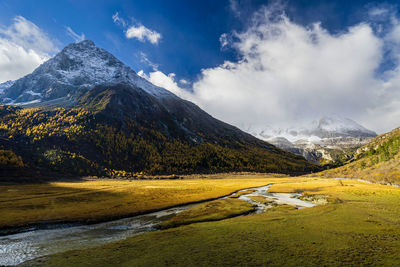 Scenic view of snowcapped mountains against sky