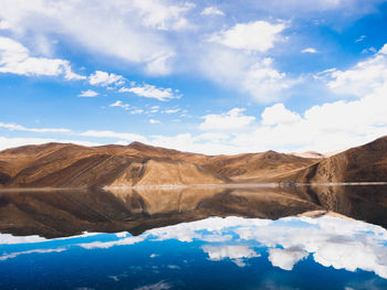 Scenic view of lake by mountains against sky