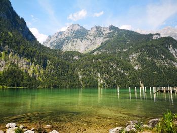 Scenic view of lake and mountains against sky