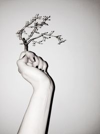 Low section of woman holding hands over white background