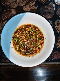 High angle view of meal served on table