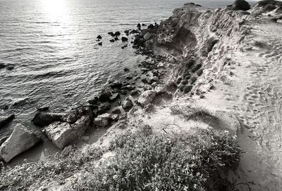 High angle view of rocks on beach