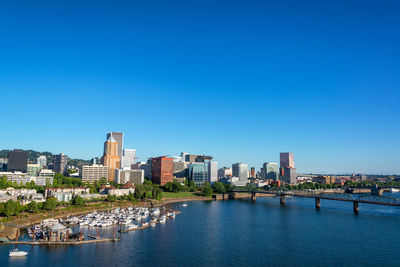 Sea by buildings against clear blue sky