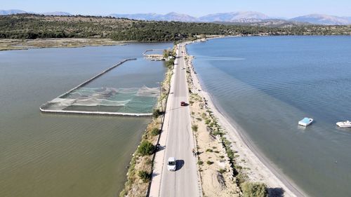 High angle view of road by sea