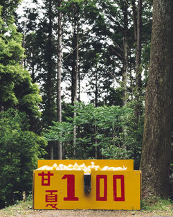 Information sign on tree trunk in forest