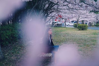 Woman on cherry blossom in park during rainy season