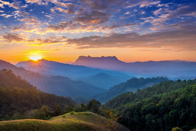 Scenic view of mountains against sky during sunset