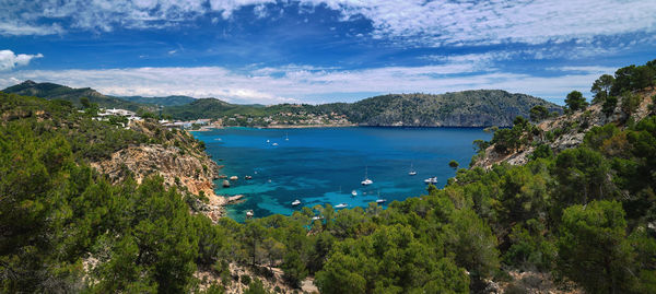 High angle view of bay against sky