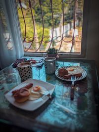 High angle view of breakfast on table at home