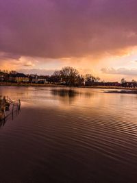 Scenic view of lake against sky at sunset