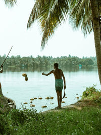 Rear view of man standing at lake shore