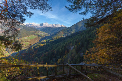 Autumn panorama of catinaccio dolomitic peaks visible through an opening in the trees