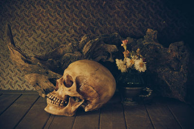 Close-up of human skull on table