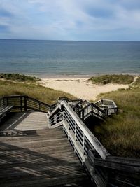 Pier leading towards sea against sky