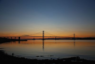 Silhouette bridge over river against clear sky during sunset