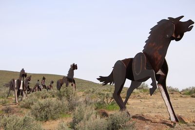 Horses on field against clear sky