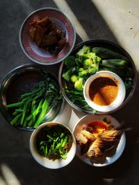 High angle view of meal served on table